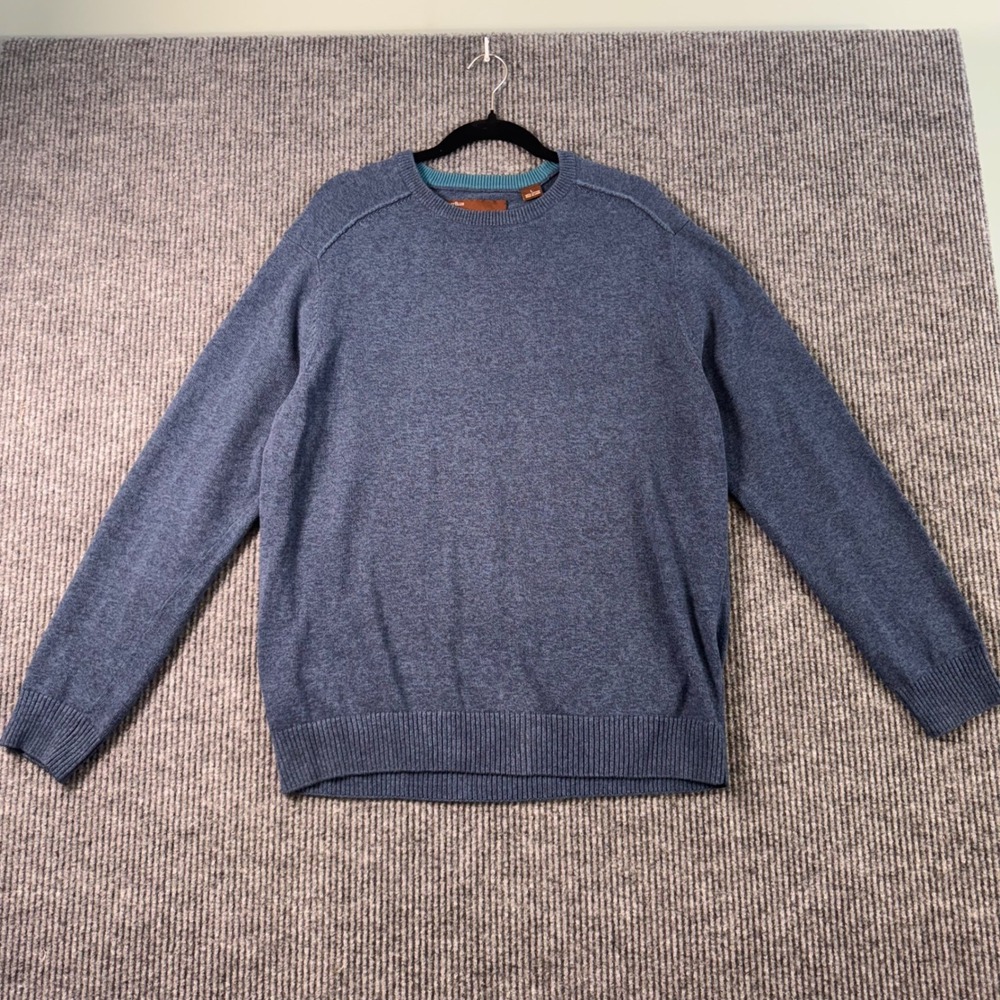 Perry Ellis Mens L Blue Cotton Knit Crewneck Sweater Y2K 90s Minimalist‎ Preppy